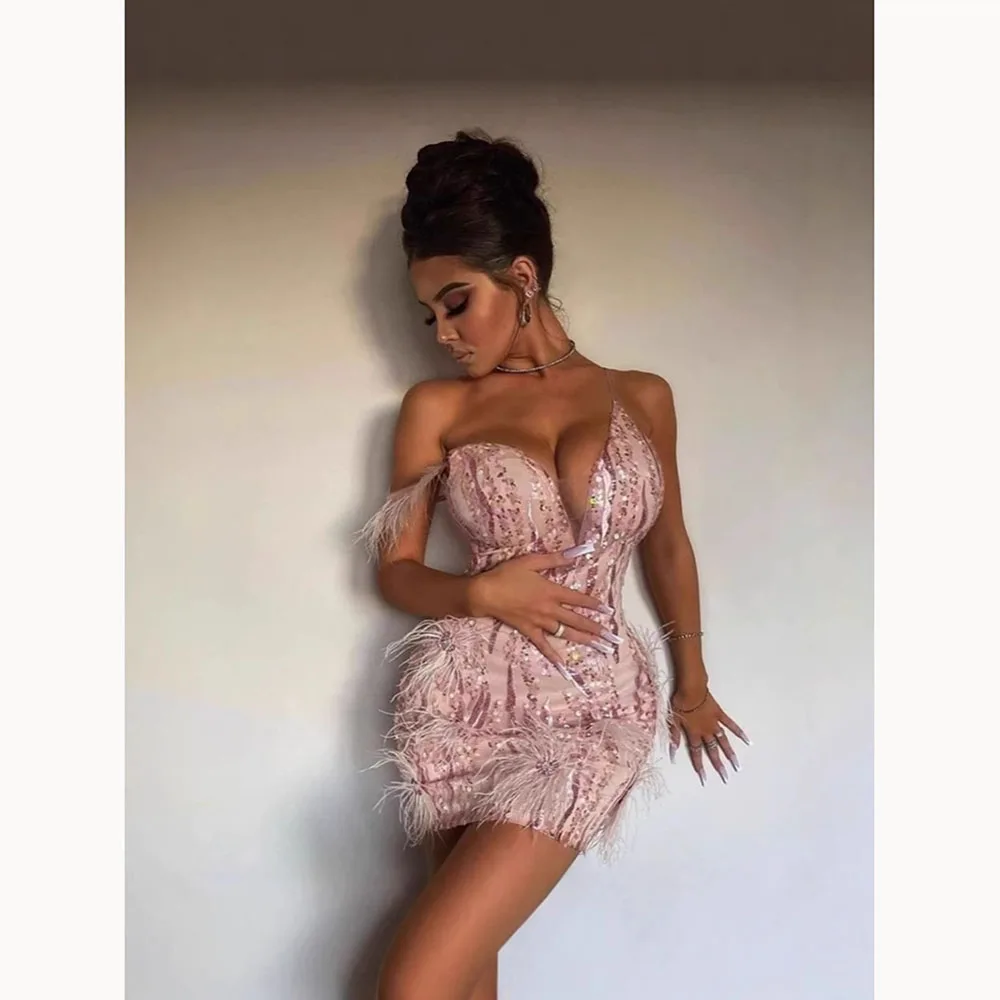 Fashion Women Dresses Ostrich Feather Sexy Deep V-neck Cropped Gowns High-quality Sleeveless Mini Evening Party Dresses