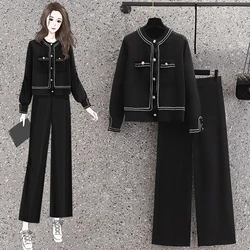Autumn New plus Size Knitted Sweater And High Waist Wide Leg Pants Set for Plump Mothers Fashionable Commute Style Two Piece Set