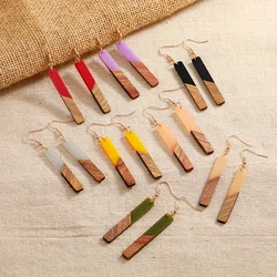 Versatile Wood Splicing Creative Resin Earrings Women Rectangular Pendant Creative Earrings Lightweight Wood Resin Earring Girls
