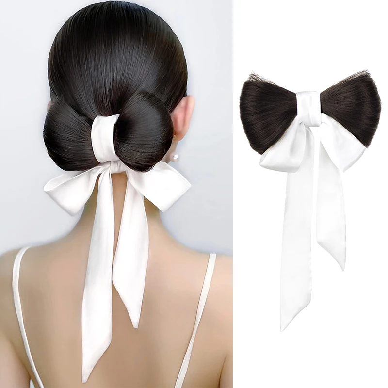 

Elegant Ribbon Bow Hair Clip Wig For Women Versatile Ball Shaped Wig With Spring Clip Hairpiece Clip Ponytail Hair Extension