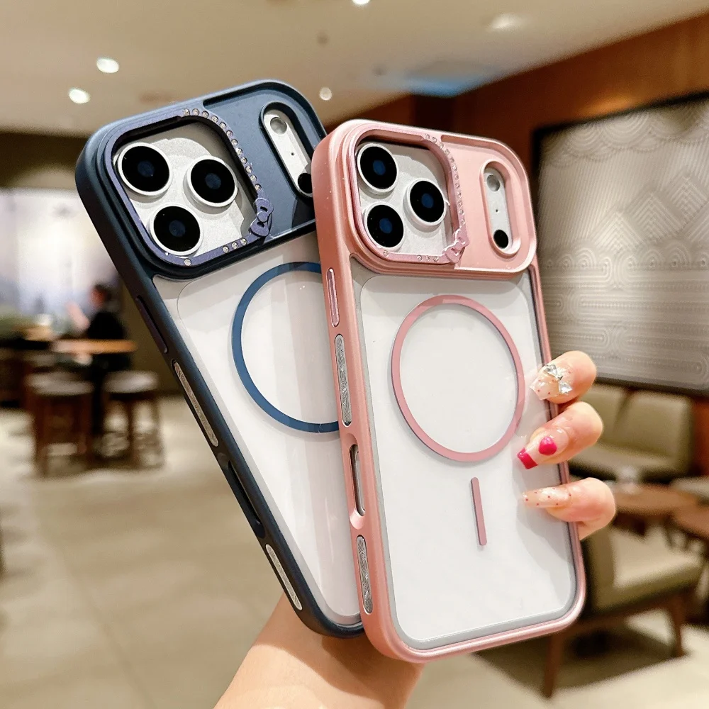 Luxury for Magsafe Transparent  Hard Acrylic Case for iPhone 17 Air 16 15  14 Plus 13 Pro Max Camera Lens Diamond Protect Cover