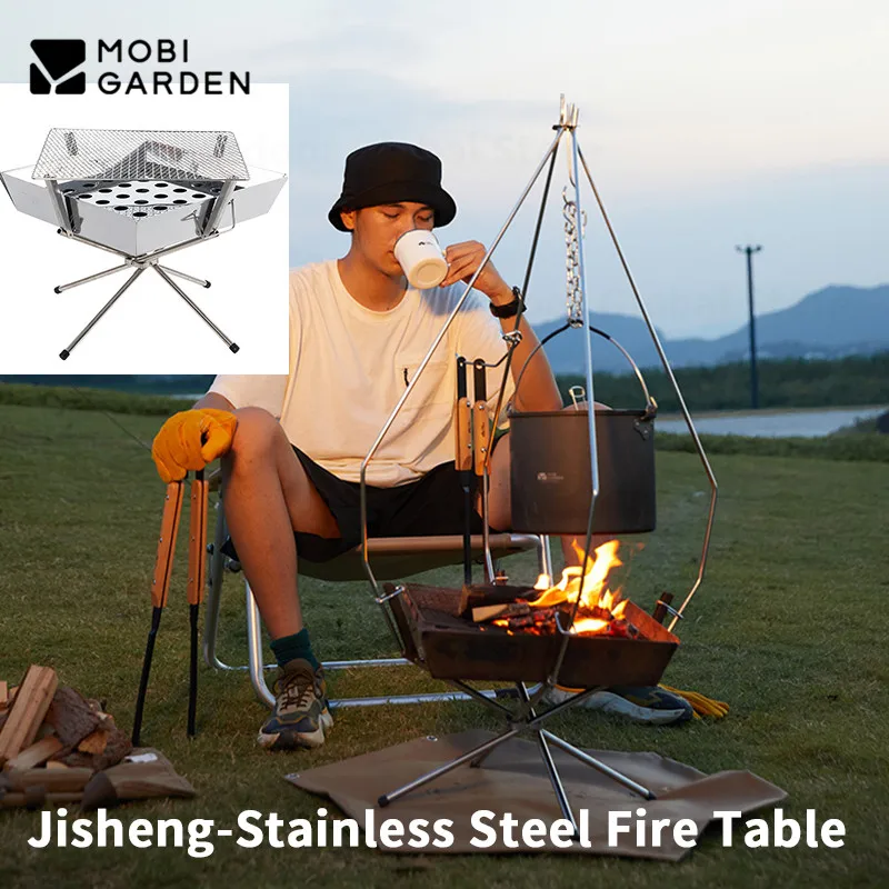 MOBI GARDEN Outdoor Wood Stove Burning Fire Table Folding Stainless Steel Double Layer BBQ Grill Multifunctional Camping Furnace