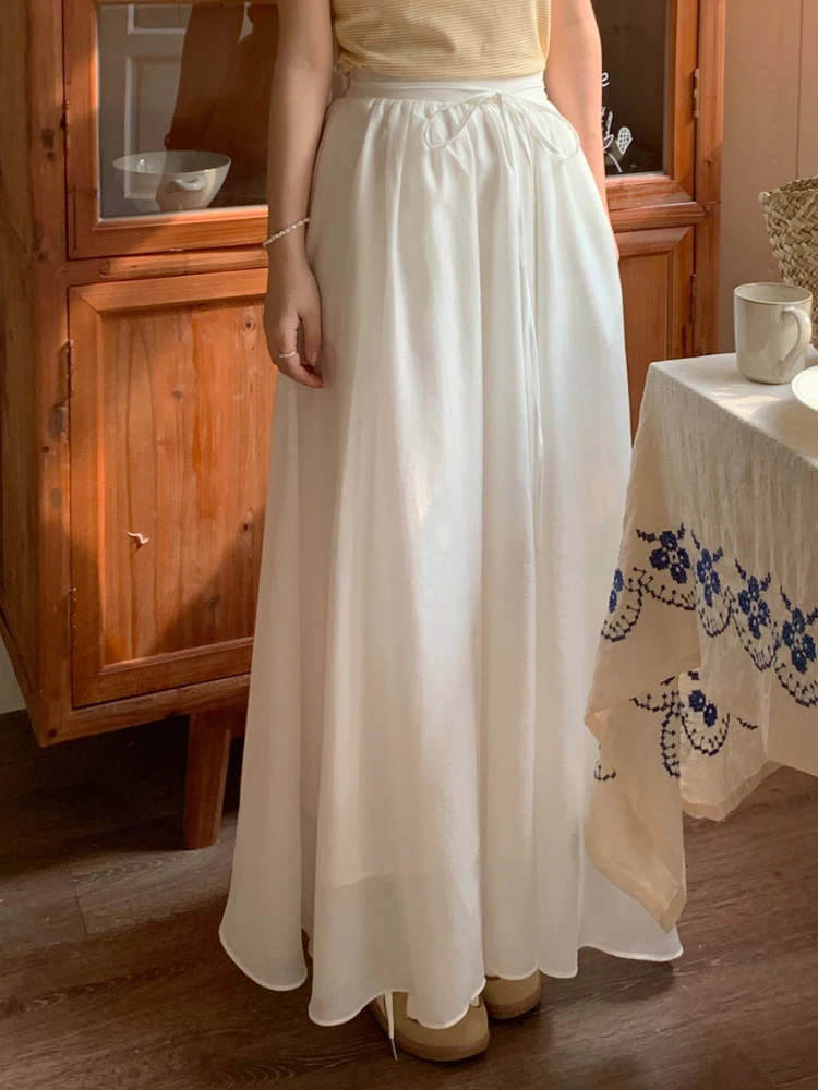 

White A-Line Midi Skirt Women's Summer Elegance Versatile Loose Fit High Waist Pure Color Commute Korean Sle f-length Skirt