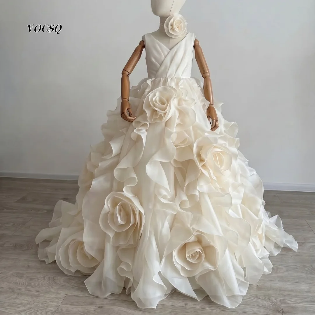 Flower Girl Dress Ivory Handmade Big Floral Ruffle Organza Gown Floor Length Trailing Kids Wedding Photoshoot Outfit Customized
