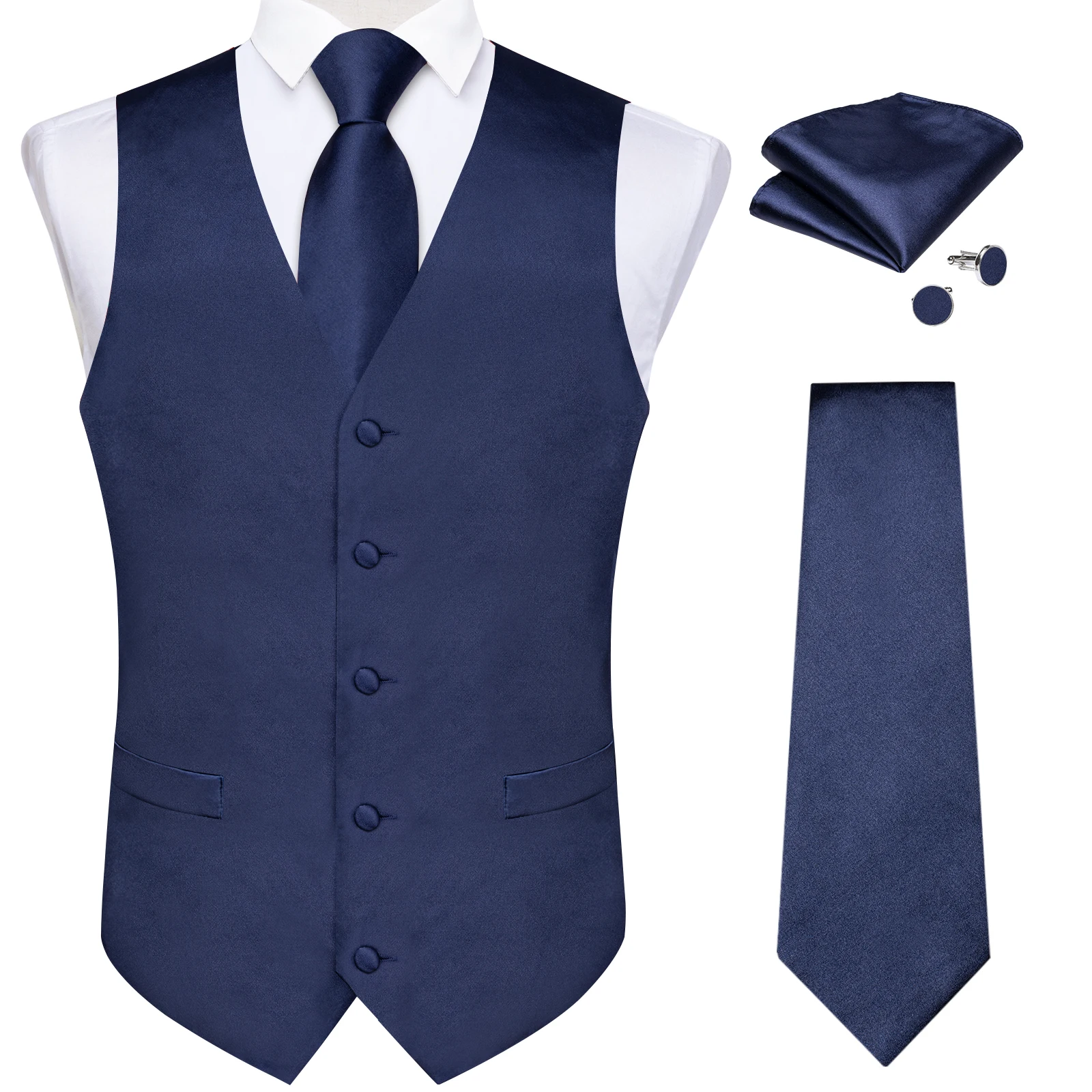 Satin Men\'s Solid Blue Suit Vest with Tie Handkerchief Cufflinks Business Formal Waistcoat Wedding Prom Men Sleeveless Jacket