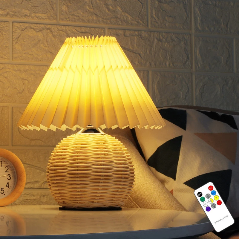 

Euro Novelty Pleated Table Lamp Rattan Base Desktop Decorative Led Reading Lamp USB 5V Living Room Bedroom Bedside Home