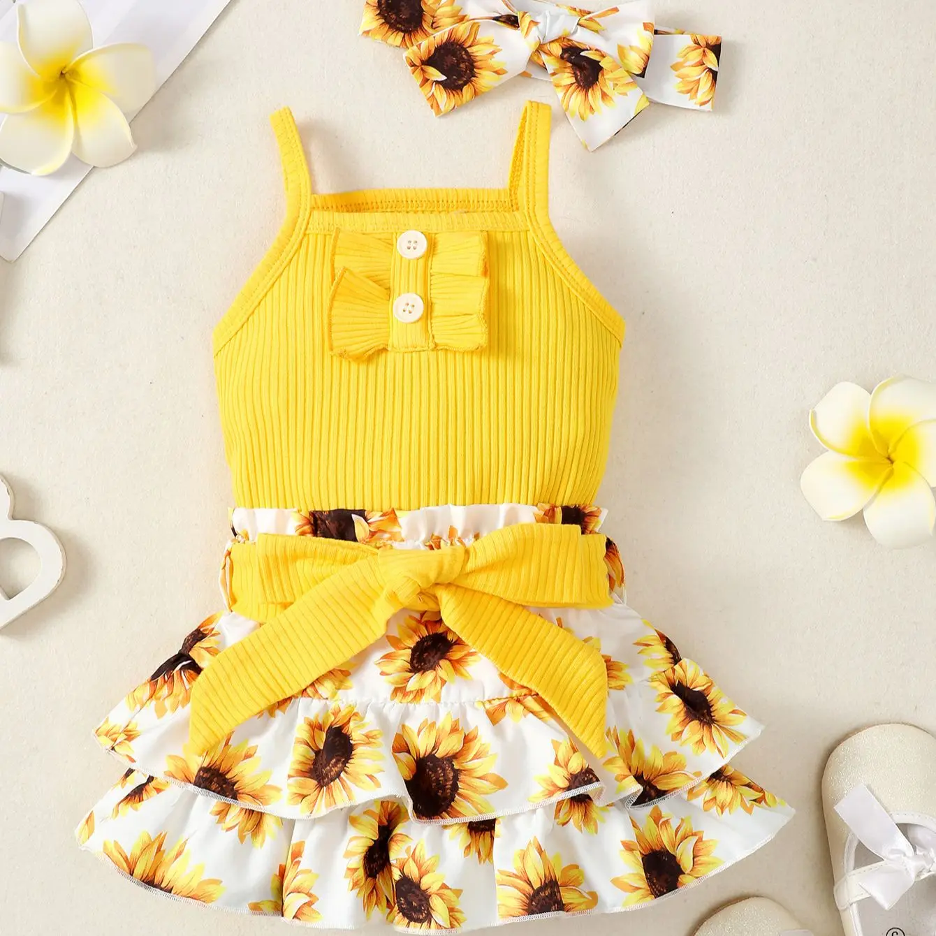 Newborn baby yellow sling button sunflower print skirt cute suit