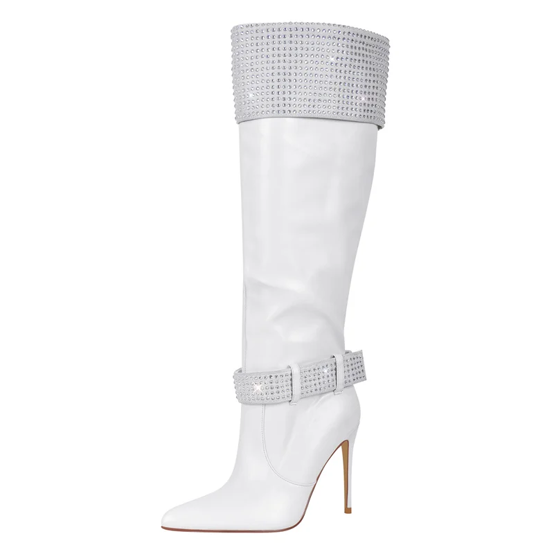 Onlymaker Women Pointed Toe White Matte Knee High Boots Stiletto Fashion Rhinestone Long Boots