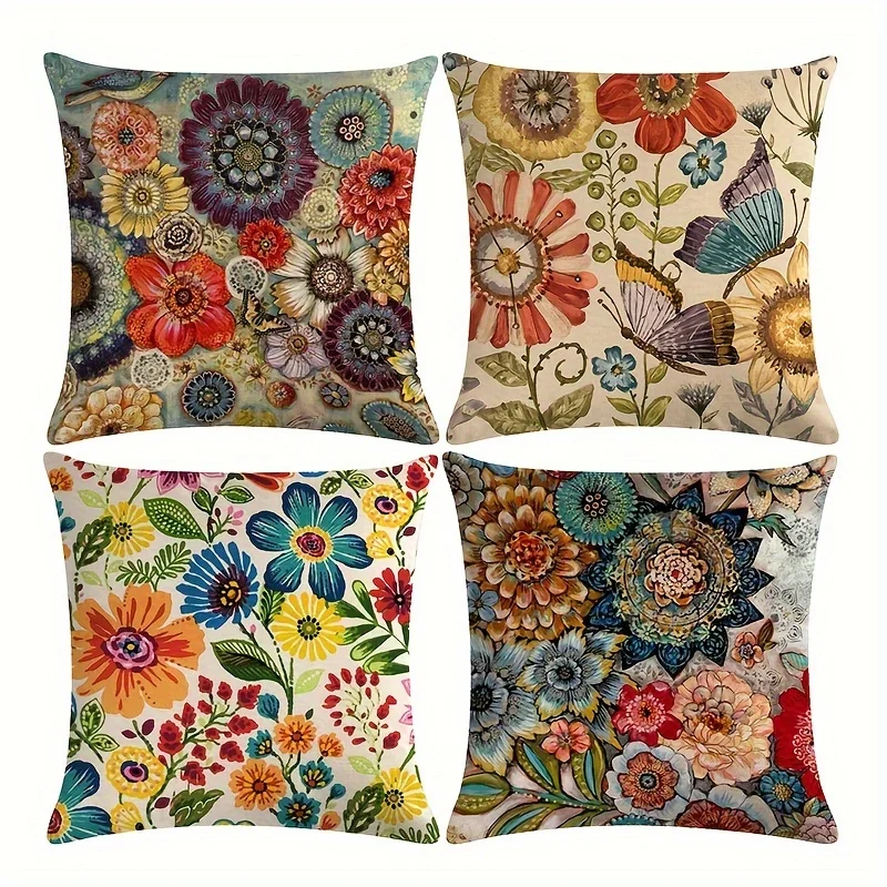 4pcs Mexican Elements Floral Linen Blend Throw Pillow Covers, Butterflies & Flowers, Single-Sided Print, No Insert,45.72x45.72cm