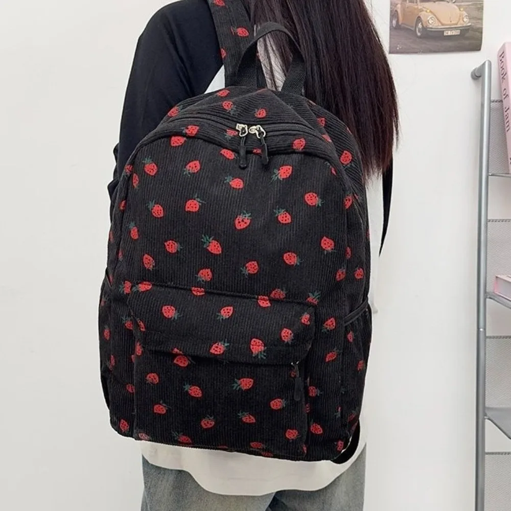 Strawberry Corduroy Backpack Lightweight Solid Color Students School Bag Large Capacity Adjustable Shoulder Straps