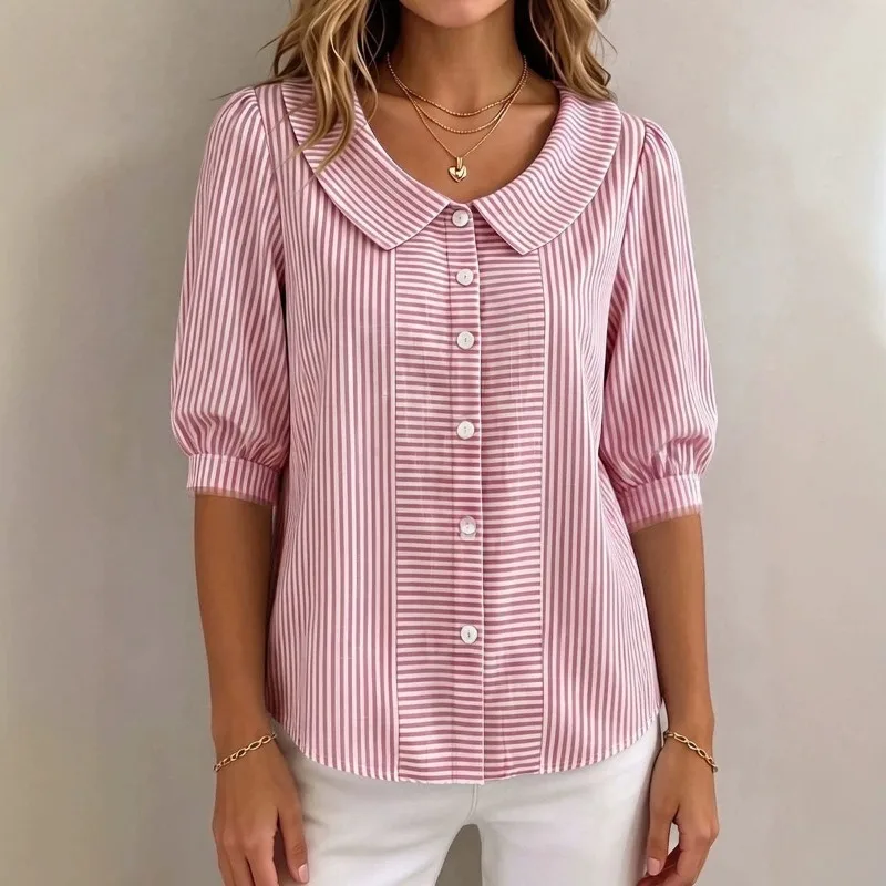 Women Striped Peter Pan Collar Blouse Puff Half Sleeve Button Down Shirt Summer Casual Top
