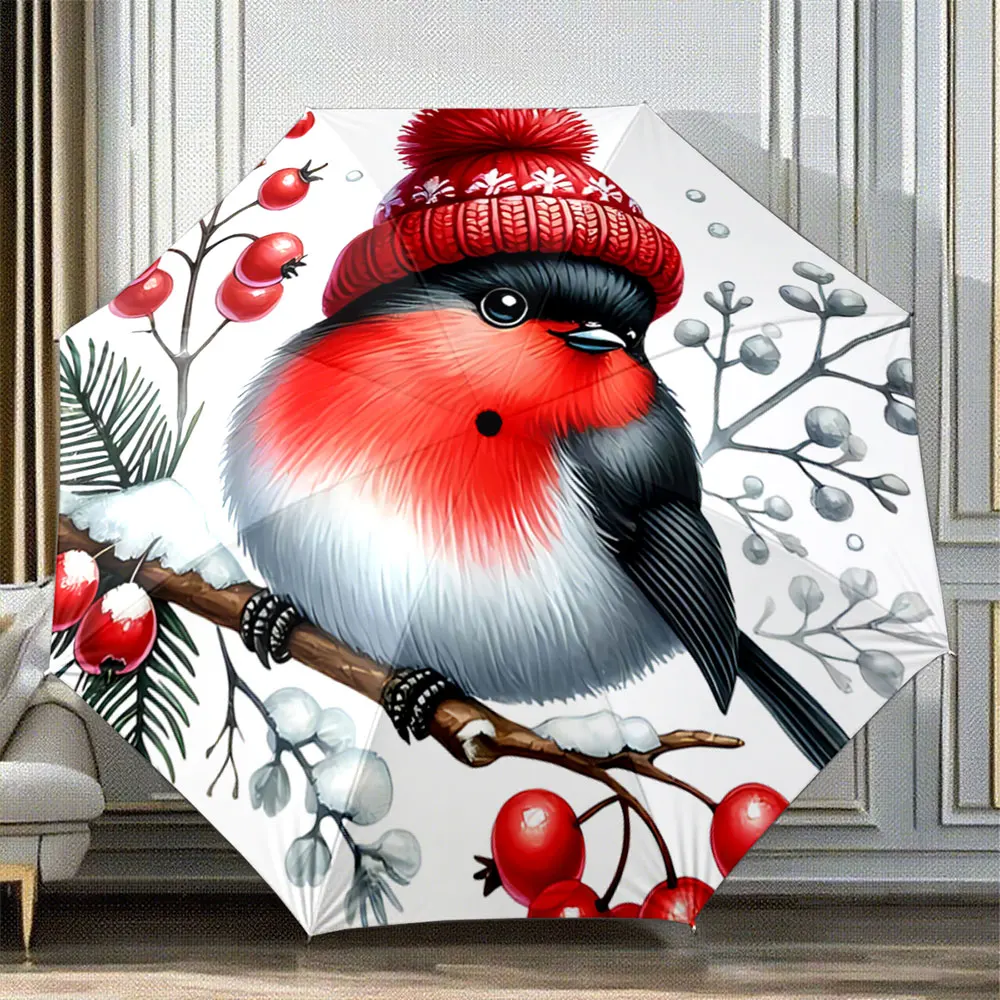 Cute Red Robin in Winter Hat with Berries and Snow Decor Portable Folding Umbrella, Gift for Family And Friends