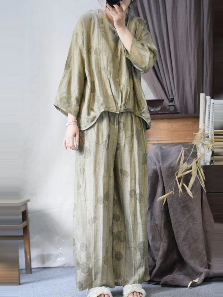 

Комплект из 2 предметов, женские брючные костюмы, Новое поступление, весна 2025 года, винтажный стиль, свободная женская повседневная рубашка и брюки с цветочным принтом M1610