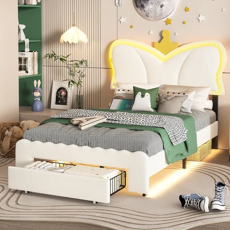 LED Twin Bed Frame with Storage Drawer and Charging Station, Crown Bed with Adjustable Double Butterfly Headboard