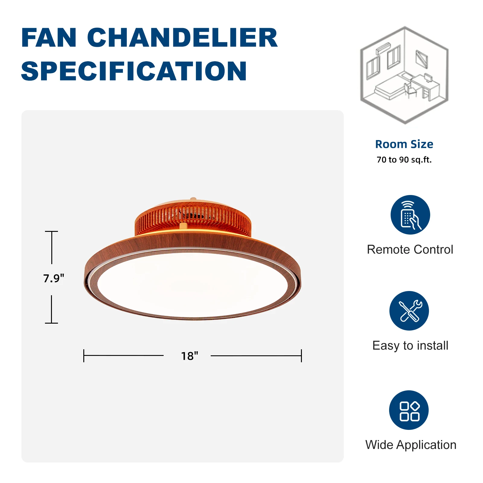 Farmhouse 18" Embedded Ceiling Fan with Light and Remote Control Wood Grain Enclosed Dimmable LED Chanelier Fan for Bedroom