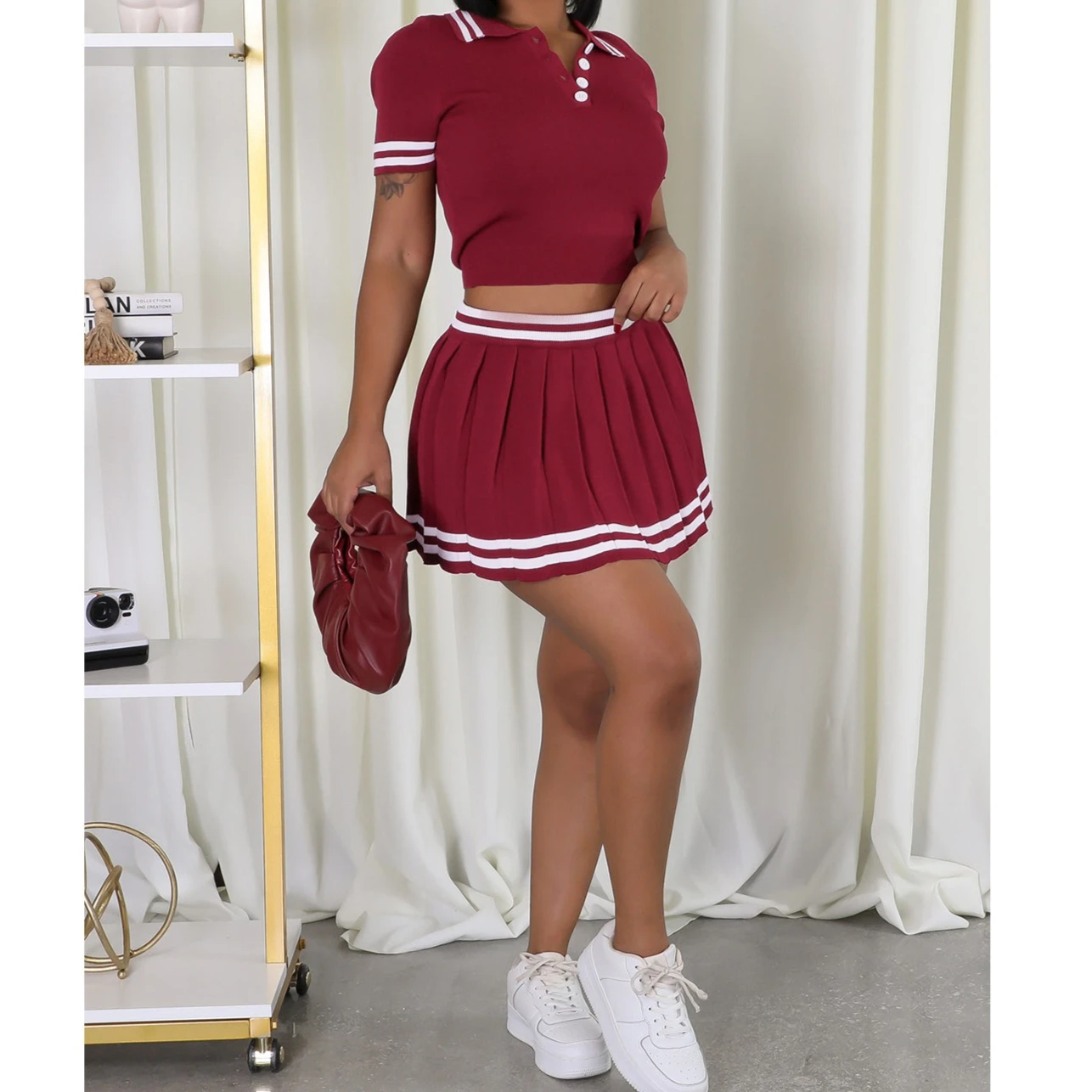 Two Pieces Dress Sets Women Casual Matching Set Jogger Short Sleeve Cropped Top Mini Length Pleated Skirt Dress Sets 2025 Summer