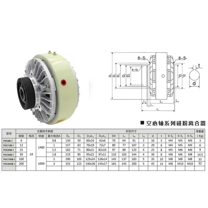 Imagem -03 - Embreagem Eletromagnética Dobro do pó do Eixo Controlador de Tensão Embreagem Oca do Eixo 0.6kg40kg 24v 6nm50nm