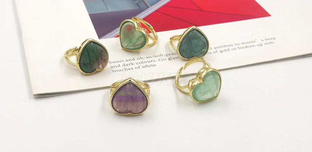 WT-R518  WKT 2024 Fashion Style Rainbow Fluorite Ring Adjustable Attractive Accessory Party Gift US 8  Love Heart Shaped