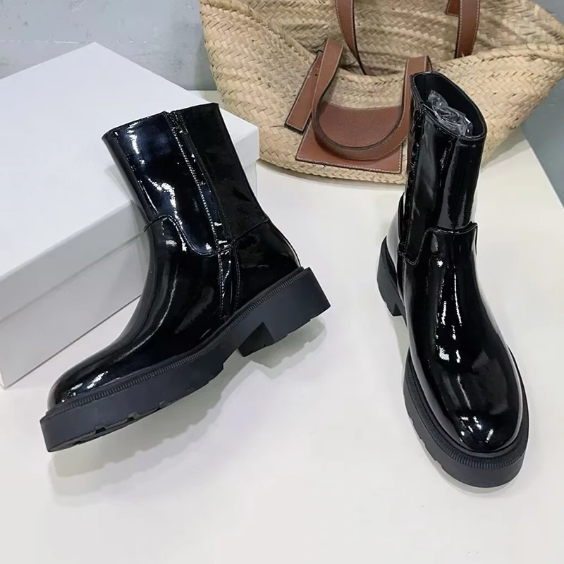 

Короткие сапоги из лакированной кожи на толстом каблуке, женские однотонные ботильоны с боковой молнией, осенне-зимние универсальные ботинки для верховой езды