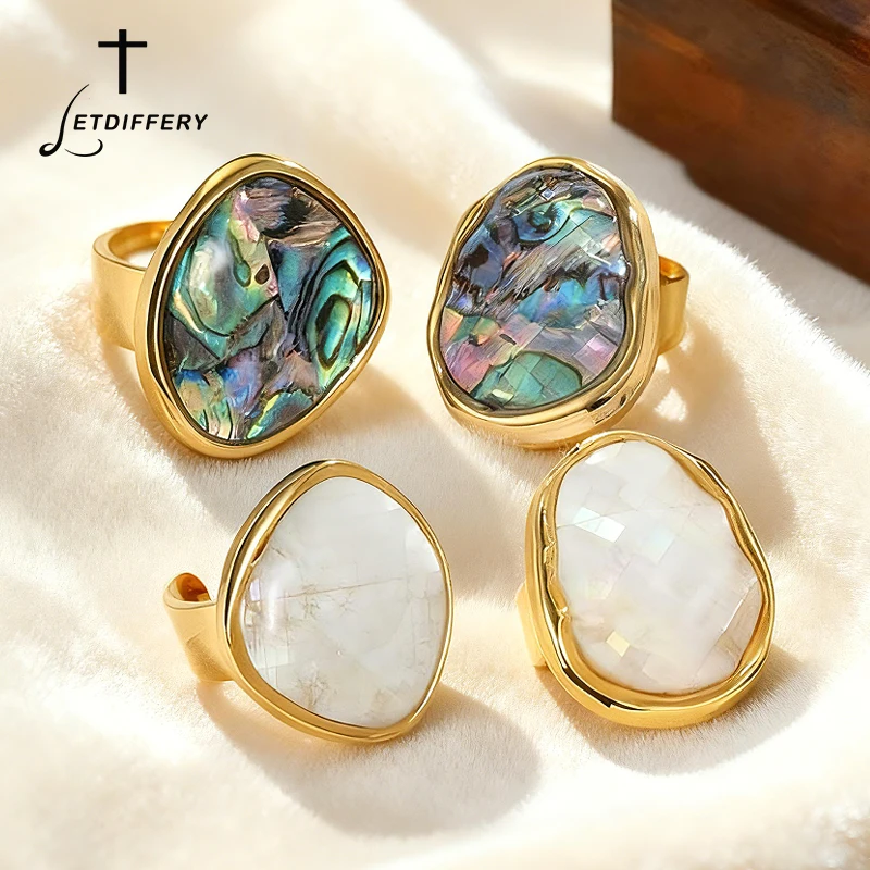 Letdiffery Fashion Natural Colorful Abalone Shells Ring for Women Stainless Steel Geometric Adjustable Open Rings Jewelry Gifts