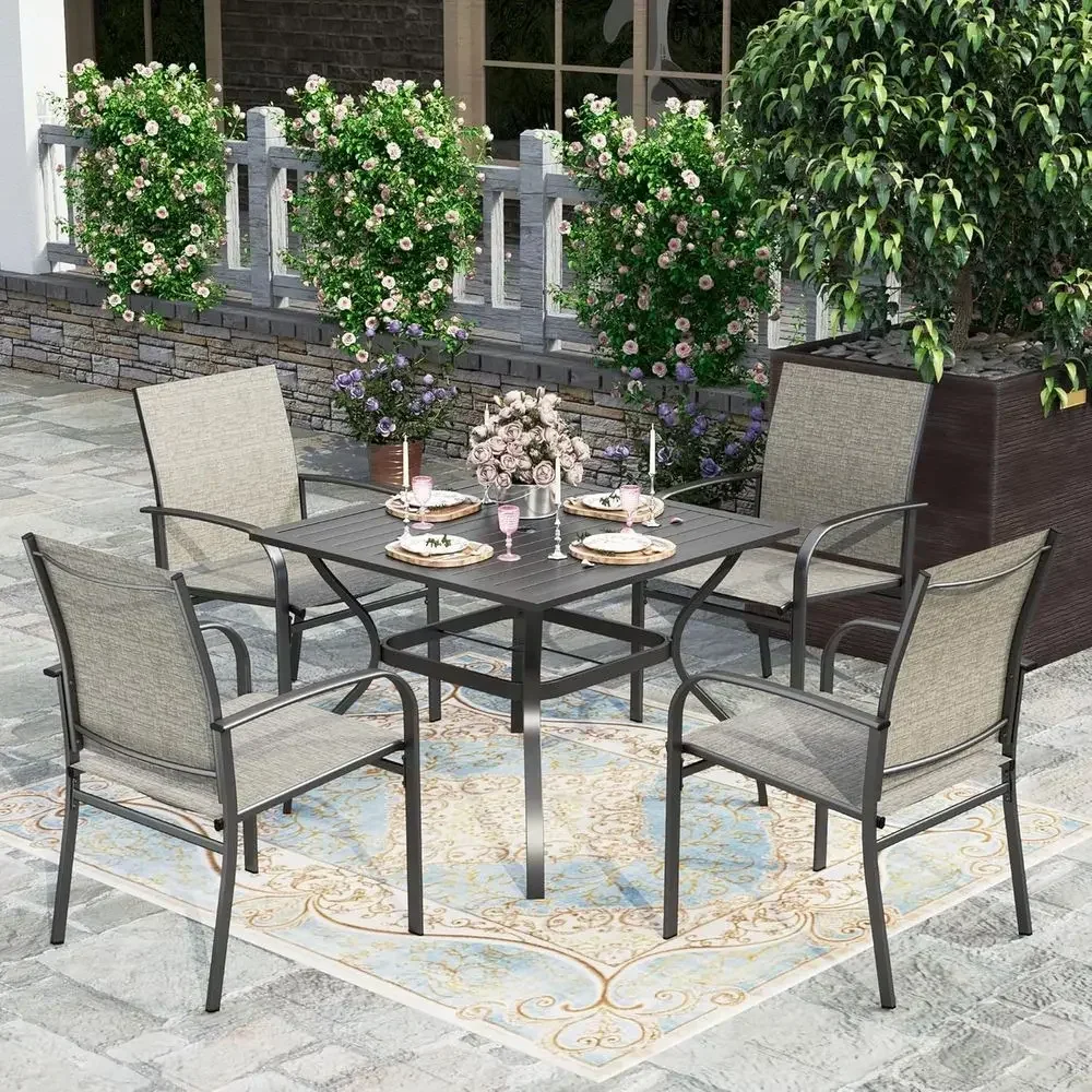 5-Piece Outdoor Dining Set, Brown Square Metal Table with Textilene Chairs and Umbrella Hole