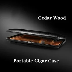 Portable Leather Cigar Case Cuba Cigar Box Moisturizer Cedar Wood 4Cigars Humidor Humidifier Cigar Smoking Accessories Men Gift