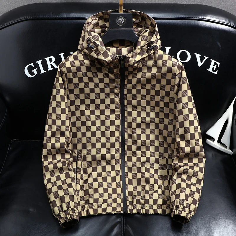 

Autumn Fashion Casual Hooded Jacket for Men Korean Plaid Business Windproof Coats Trendy Versatile Streetwear Men Clothing 2025