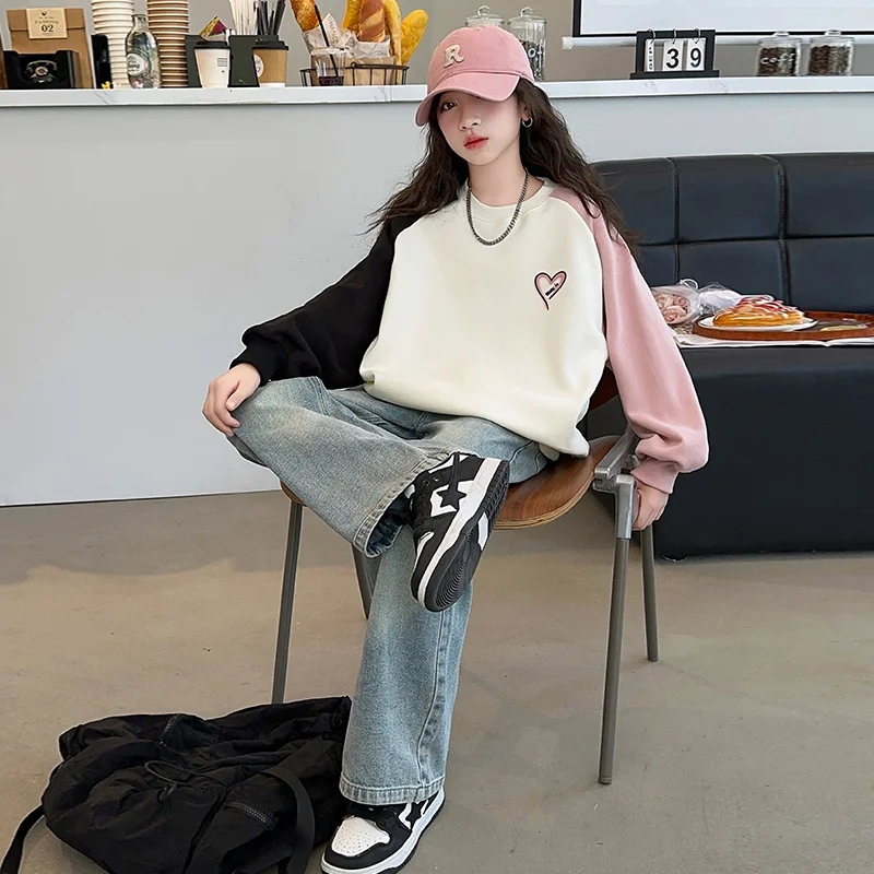 New Korean Children Patchwork Sweatshirts with Heart For Girls Spring Clothing Outerwear Kids Cotton Long Sleeve Pullover Tops - Image 6