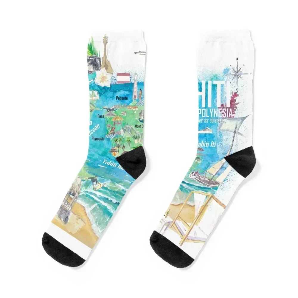 

Tahiti Illustrated Travel Map with Roads and Highlights Socks retro designer short cartoon Socks Woman Men's