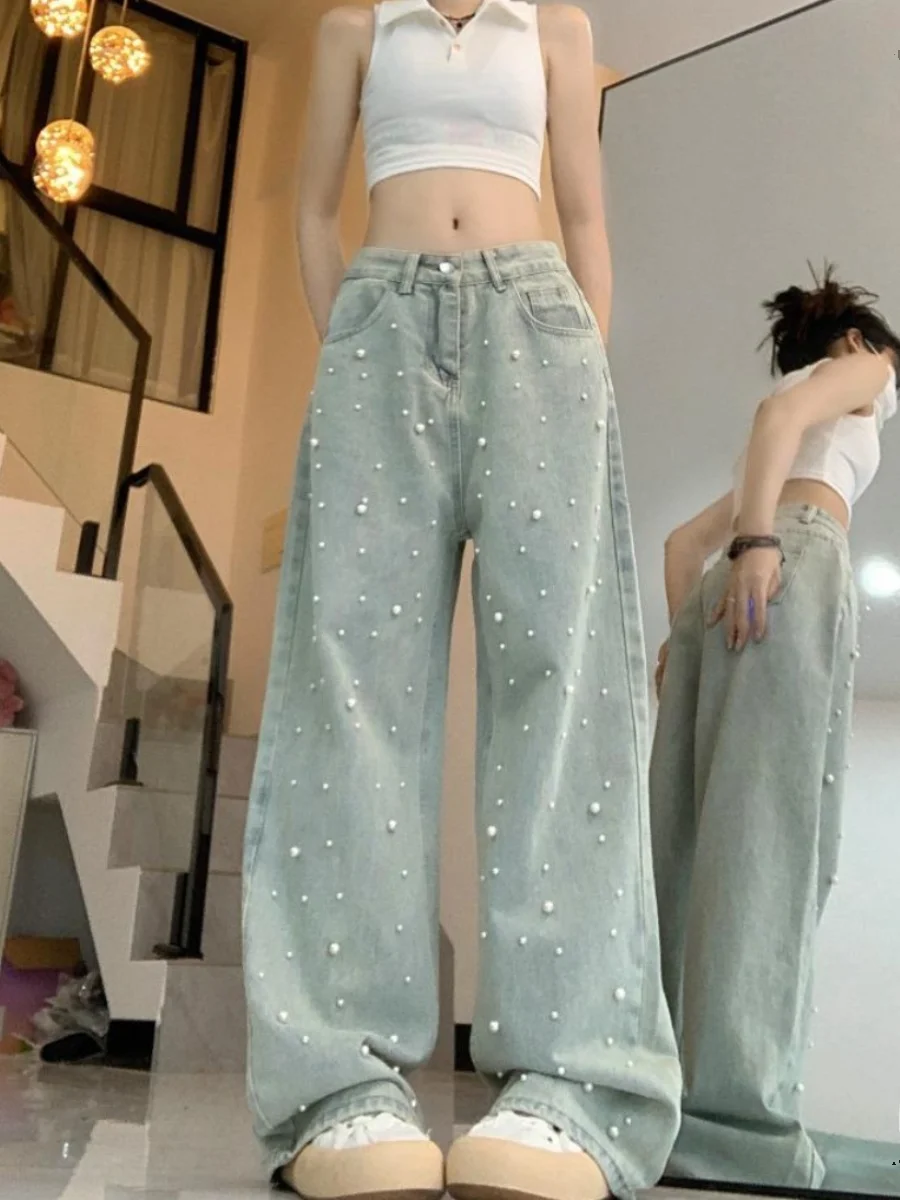 

Большие размеры 300, американские джинсы с жемчугом в стиле ретро, мужские свободные джинсы с прямыми штанинами и широкими штанинами, осенний сезон