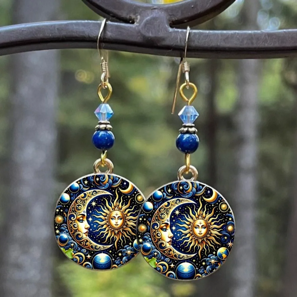 Boho Mystic Sun Moon Face Dangle Earrings Blue Bead Witchy Celestial Star Drop Earrings for Women Meditation Devotions Jewelry