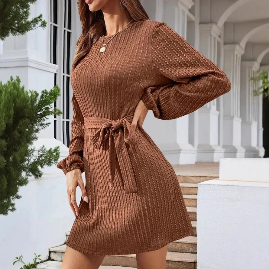 

Robe Femmes Soiree Round Neck Lace-up Waist A-line Solid Color Short Dress Women's Spring Autumn Fashion Versatile Evening Dress