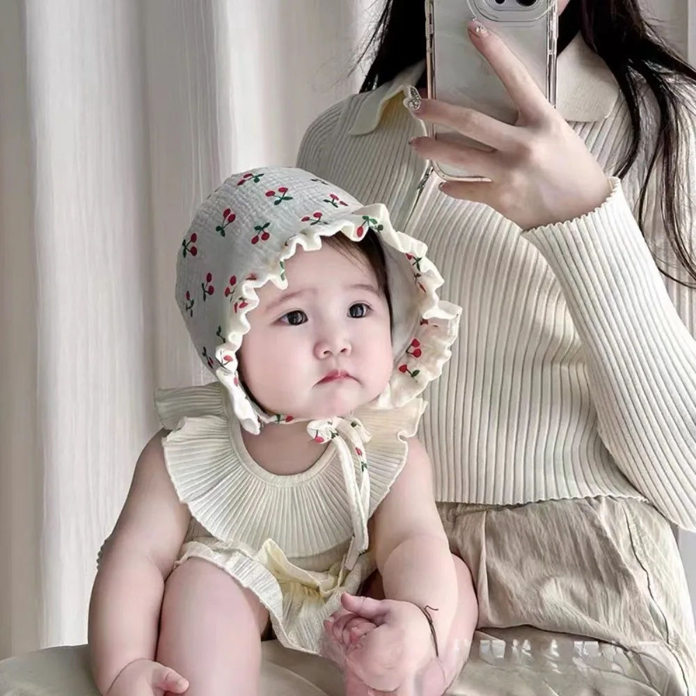 

Cute Korean Baby Fetal Cap Flower Cherry Print New Newborn Sun Hat Soft Cotton Princess Infant Beanie Cap Daily