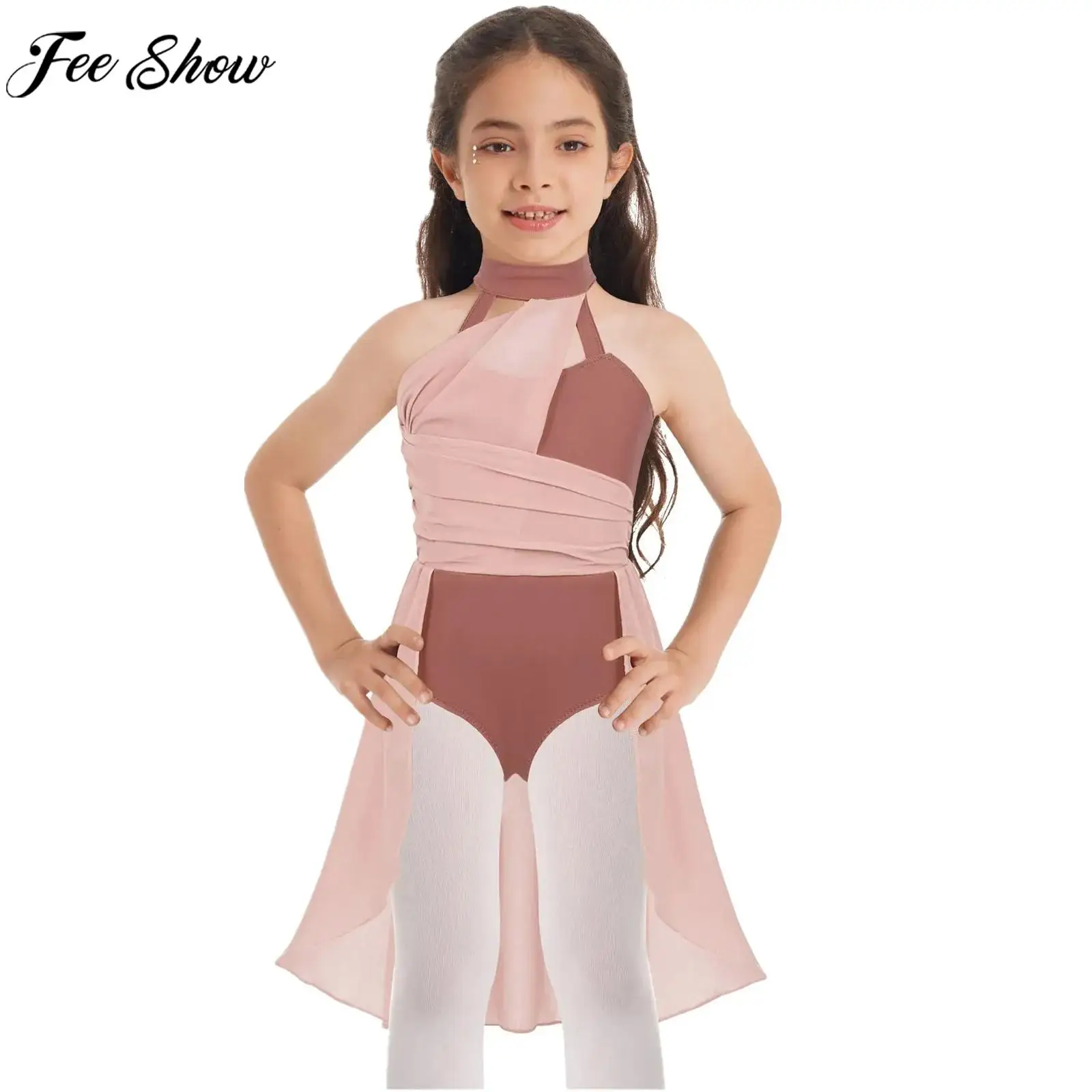 Kids Girls Modern Lyrical Dance Dress Ballet Gymnastics Figure Skating Performance Clothes Chiffon Tulle Leotard Tutu Dancewear