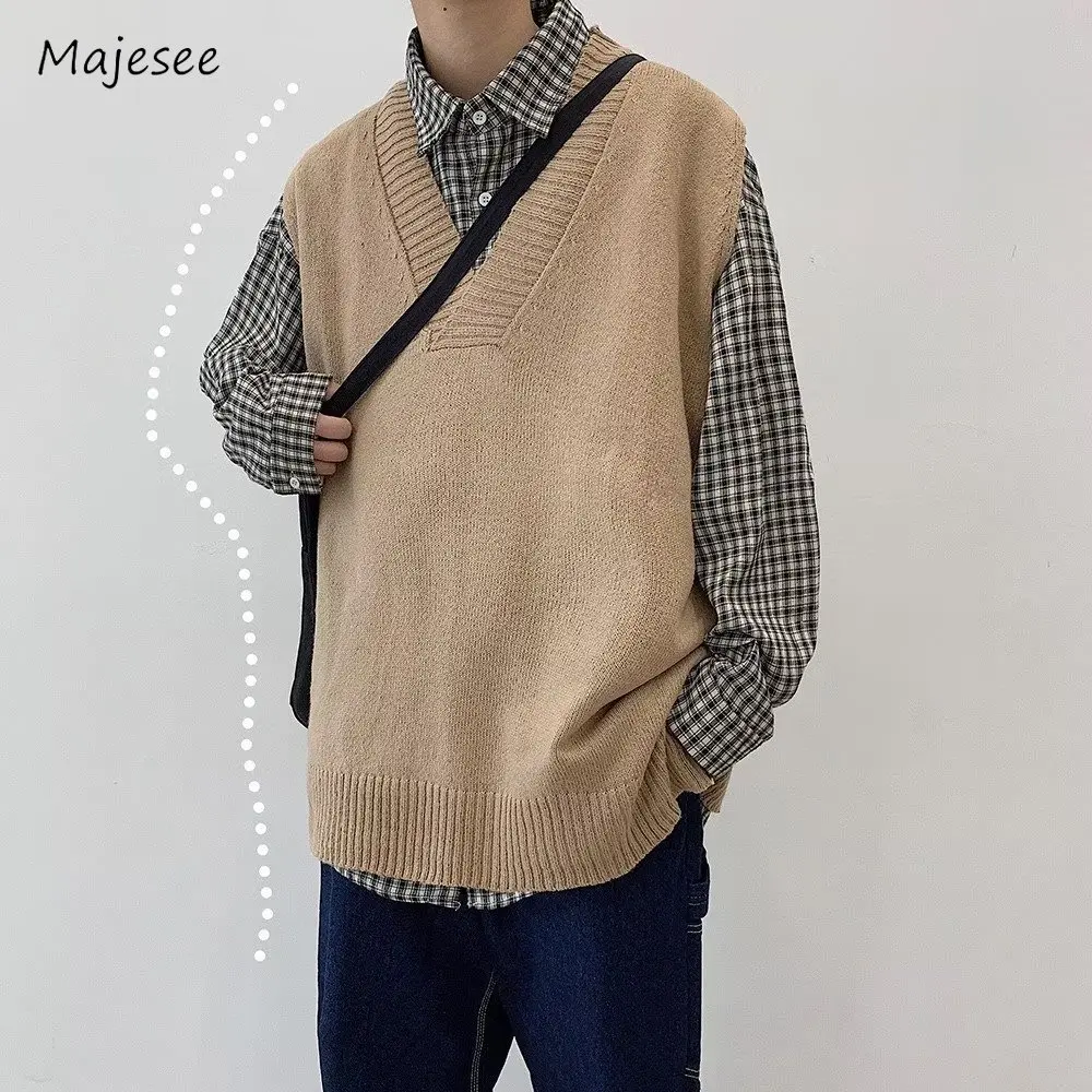 

Knitted Sweater Vests Men Autumn Pure Color Loose Simple Harajuku Sleeveless Japanese Style Teens Casual Chic Popular Boyfriend