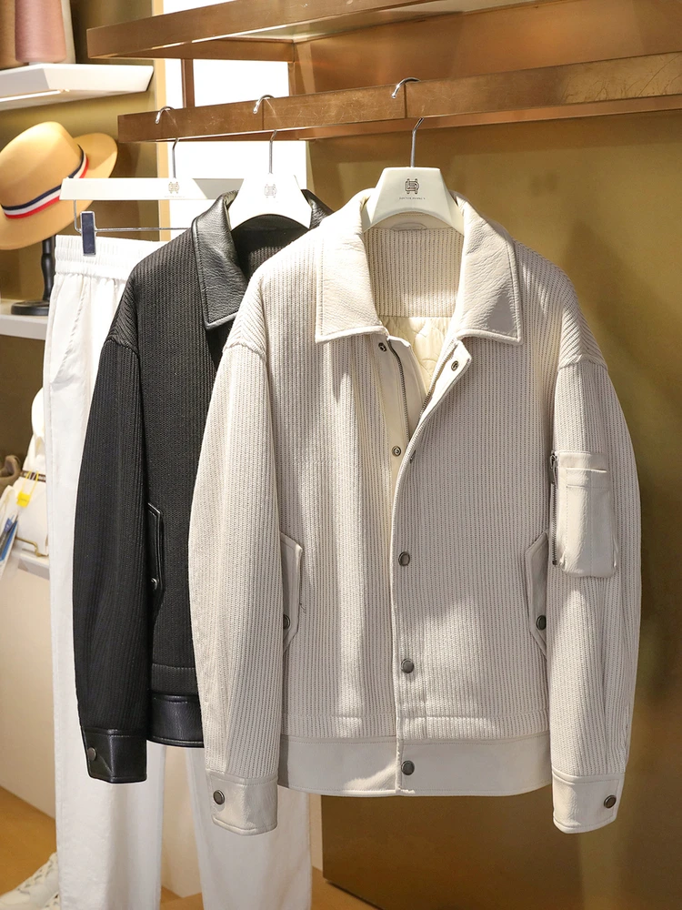 

Faionable Urban Men's Cotton Jaet Stand Collar Knitted PU Leather Patchwork Casual Sle Warmth Lightweight Summer 2025