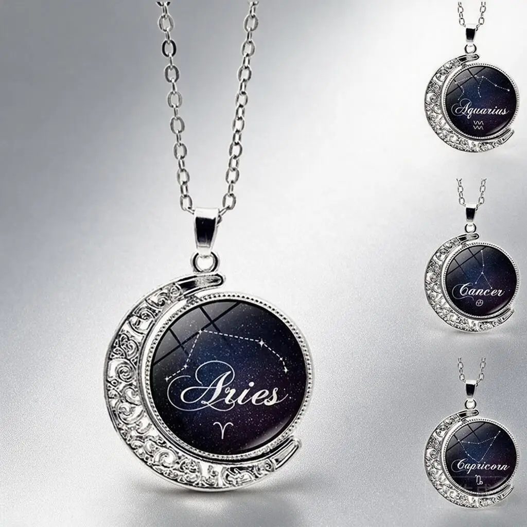 12 Constellation Necklace For Women 360 Degree Double Sided Rotating Moon Pendant Sweater Chain Creative Gift For Family Friends