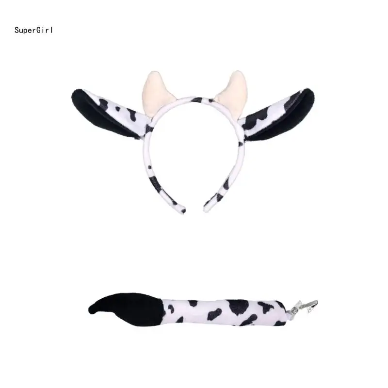 2PCS Creative Woman Cow Ear Hairband with Long Tail Set for Taking Photo Headbands Cartoon Carnivals Cosplay Hair Hoop J78E