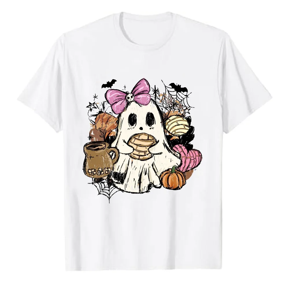 Cute Bow Ghost Concha Coffee T‑Shirt Mexican Sweet Bread Pumpkin Bat Fall Coquette Ghost Retro Distressed Cartoon Cotton Tees