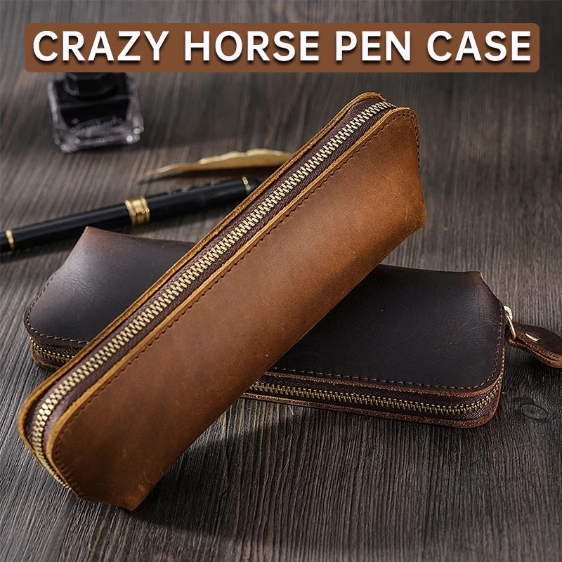 Vintage Pencil Case Retro Zipper Storage Bag Crazy Horse Pencil Pouch Pen Holder School Stationery Office Acsesories Kid Gift