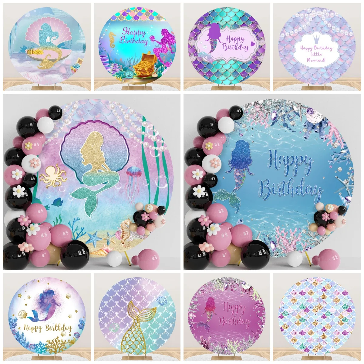 Mermaid Round Backdrop Cover Underwater World Princess Portrait Girls Birthday Baby Shower Circle Polyester Photo Background