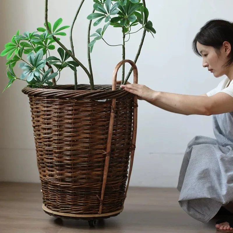 Wicker Baskets Flower Pot Large Movable Elegant Indoor Balcony Plants Pots Luxury Outdoor Floor Plant Vase Garden Decoration