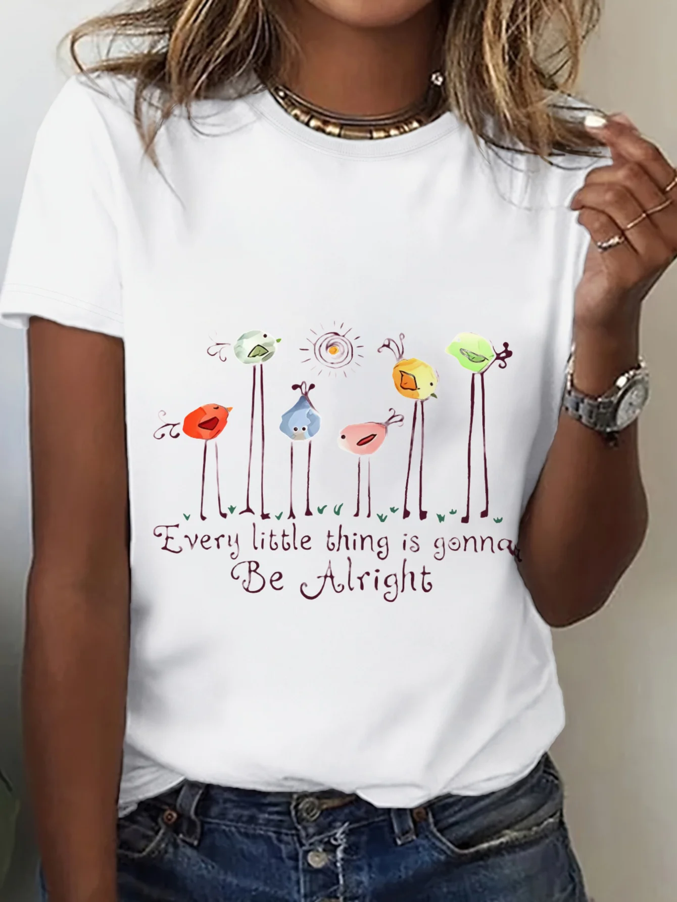 تي شيرت نسائي مقاس كبير كل شيء صغير سيكون على حق، تي شيرت مطبوع مريح ومسامي للارتداء الكاجوال
