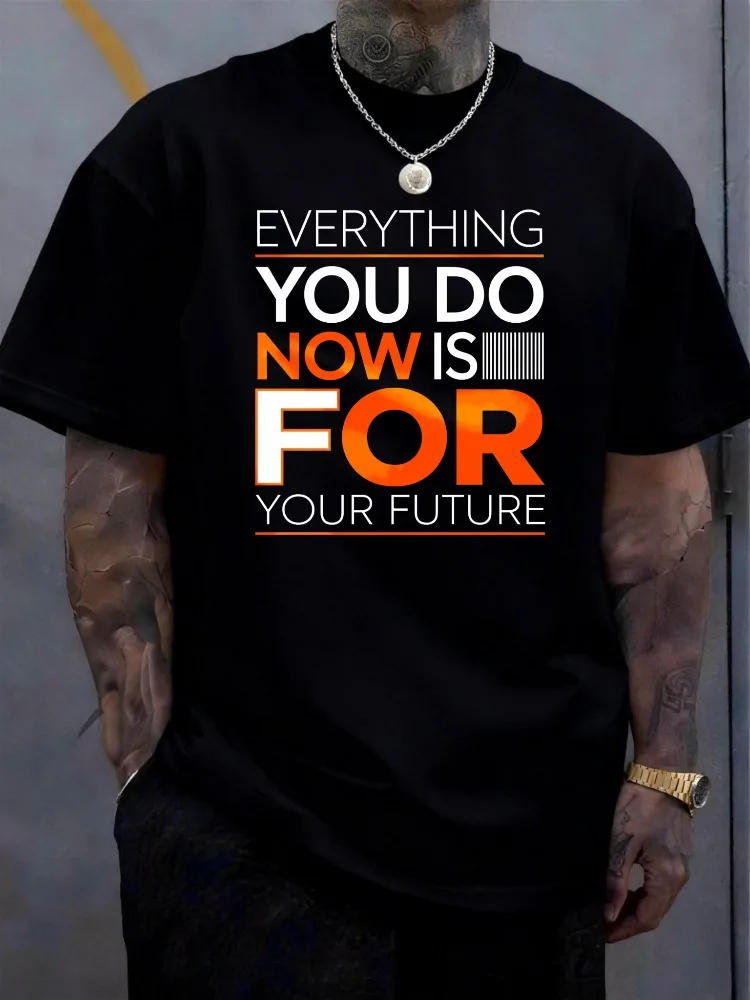 T-shirt basique noir d'été pour homme, imprimé avec un slogan inspirant sur le futur, en coton léger, à manches courtes, style minimaliste, tendance hip-hop