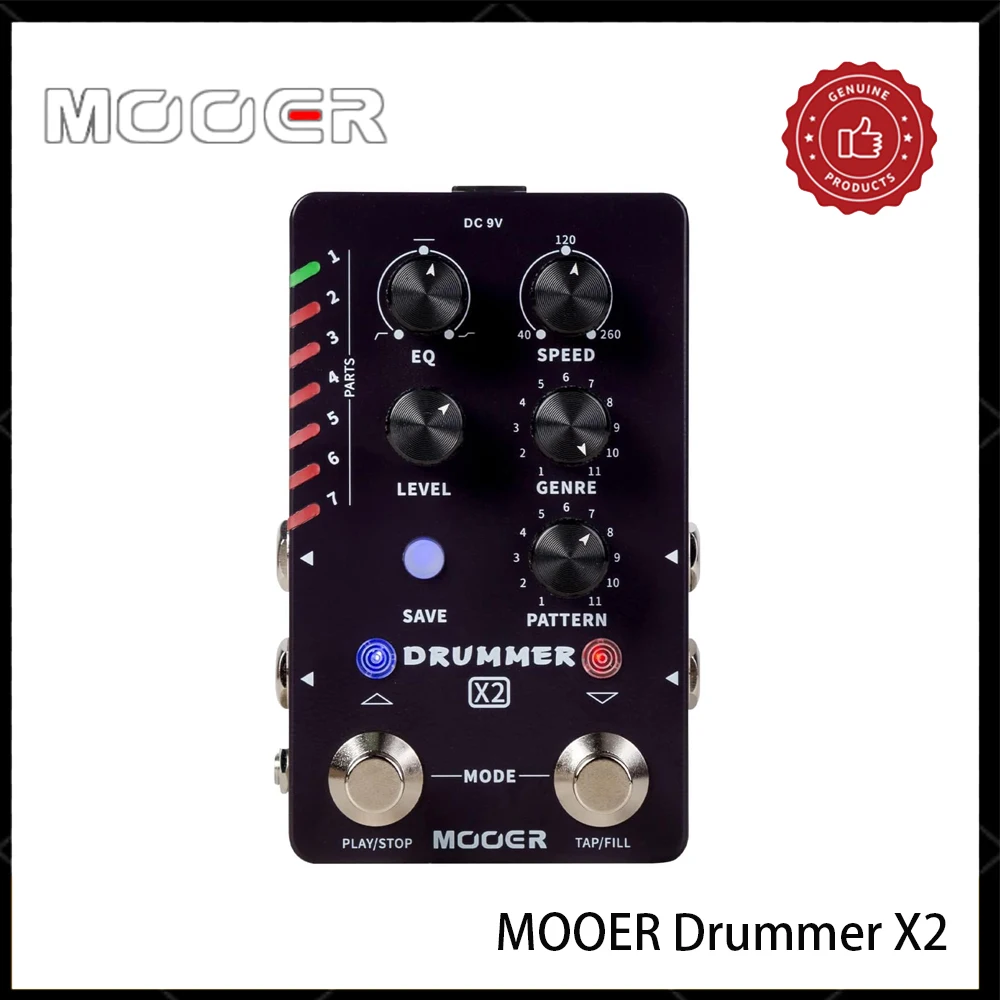 Pedal de guitarra MOOER Drummer X2 con 121 ranuras, 11 estilos de música, 7 ranuras de ritmo, función de llenado para guitarra eléctrica