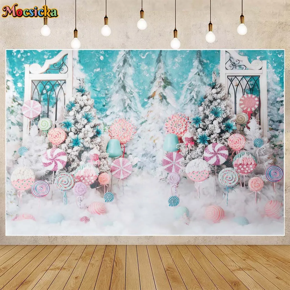 

Mocsicka Winter Photography Background Candy Xmas Tree Snow Forest Girl Portrait Photo Background Newborn Photocall Props Studio