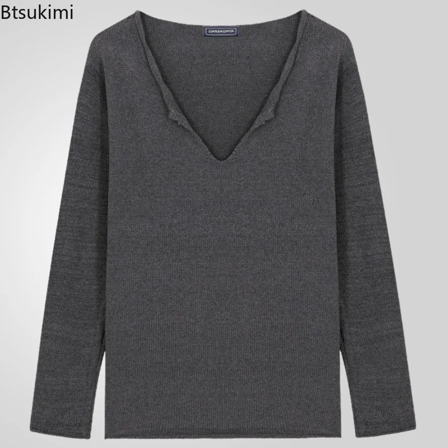 Spring Autumn Men's Casual V-neck Thin Sweaters Solid Long Sleeve Knitted Pullover Men Harajuku Streetwear Vintage Knitwear Tops