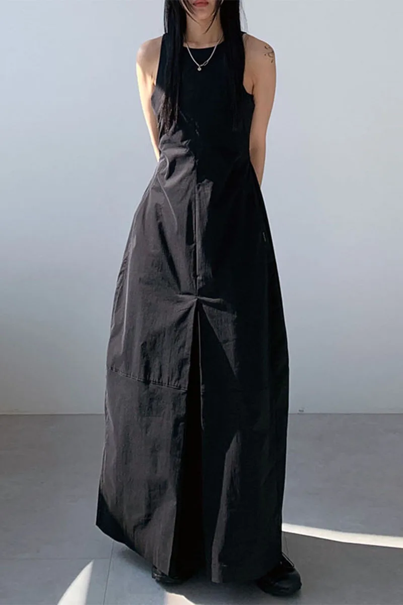 Minimalist Round Neck Double Pocket Dress Pleated Waist Over Knee Long Tank Robe Femme Casual Ruched Fashion Solid Vestidos