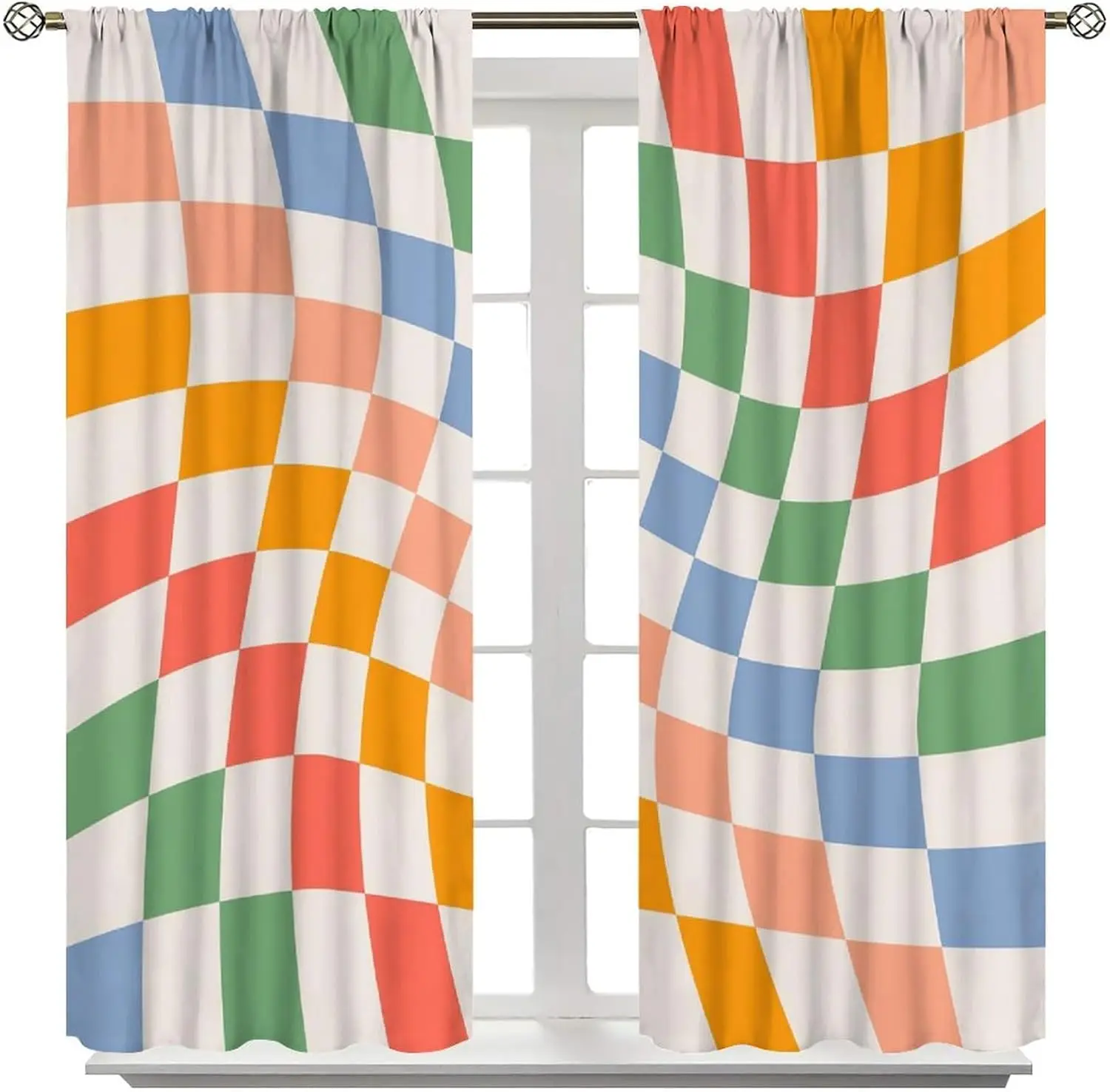 Set of 2 Pcs Modern Geometric Checkered Curtains Pair Window Drapes for Living Room and Bedroom Home Decor