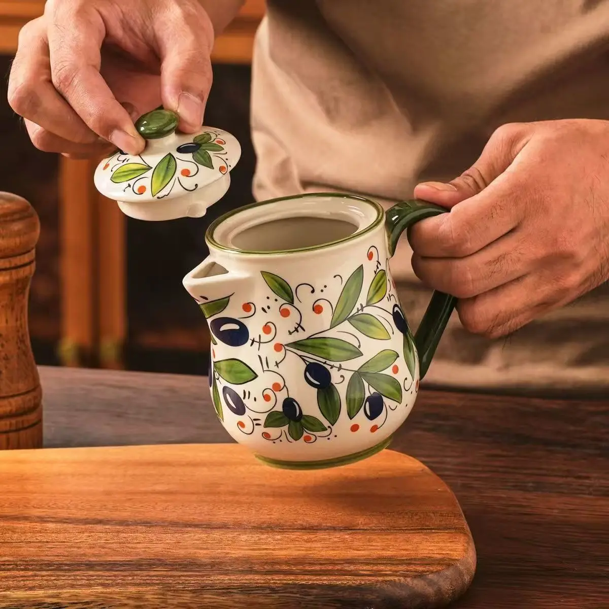 Maceta de aceite de flor de cerámica verde oliva, uso doméstico, botella de aceite de gran capacidad, salsa de soja, contenedor de almacenamiento de aceite de oliva, accesorios de cocina